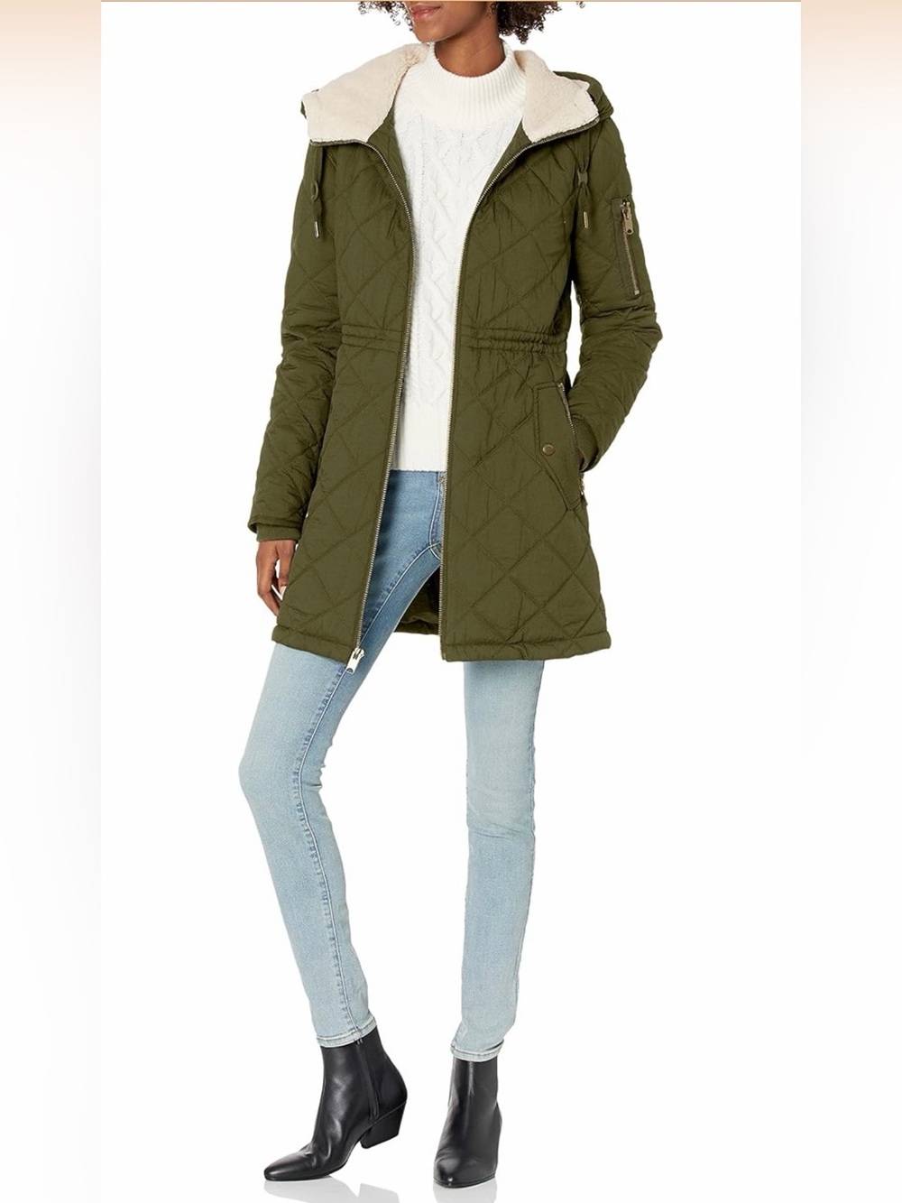 Andrew Marc Cascade Quilted Parka Olive Green Size L Sherpa Hood